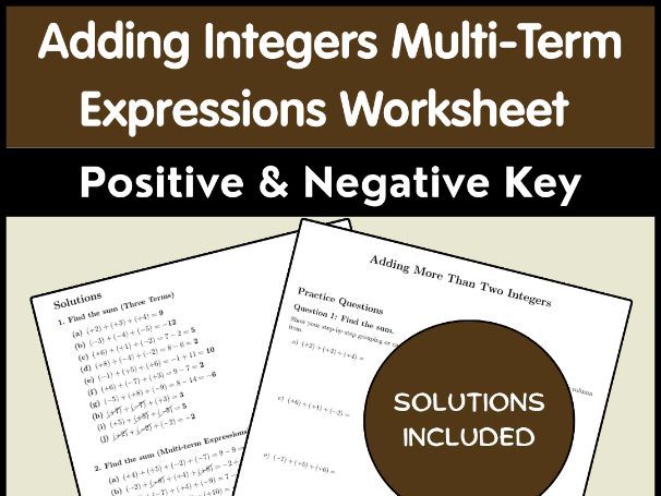 Adding Integers Multi-Term Expressions Worksheet | Positive & Negative Key