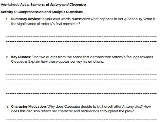 Antony and Cleopatra Act 4 Scene 15 Analysis Worksheets