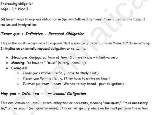 Grammar explanation and translations on expressing obligation in Spanish