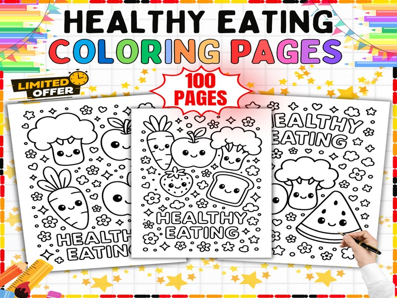 Healthy Eating Coloring Pages | 100 Page Coloring Sheets | Fruits and Vegetables