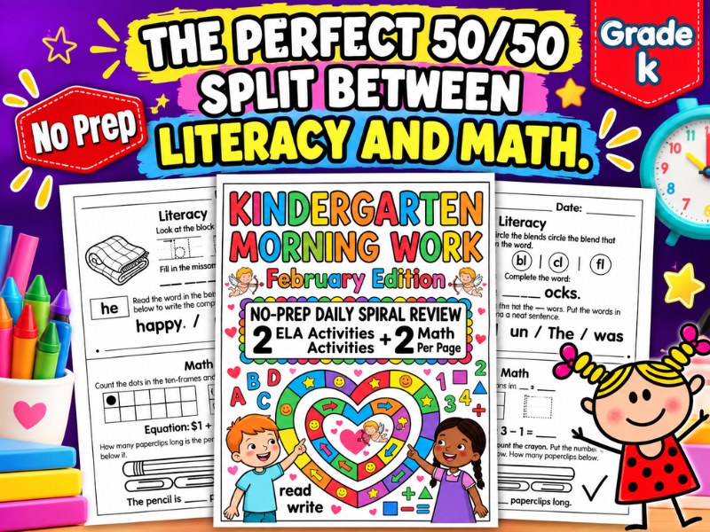 February Morning Work Kindergarten Worksheets — Daily ELA & Math Spiral Review (20 Days)