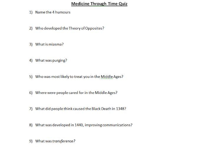 Medicine Through Time Quiz Teaching Resources