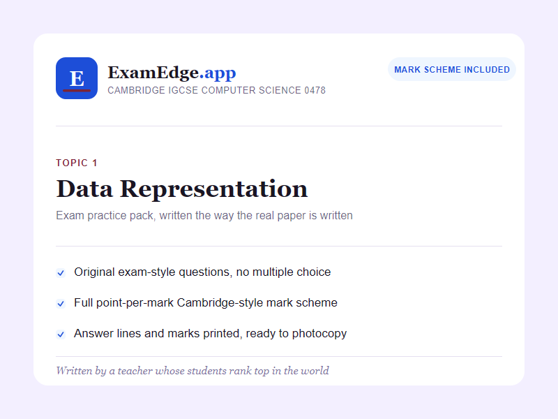 IGCSE Computer Science 0478: Data Representation Exam Practice Pack + Full Mark Scheme