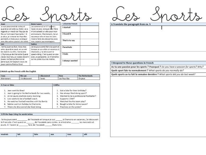 Les Sports French GCSE KS4 AQA conti type reading worksheet