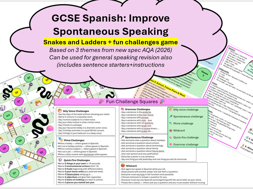 GCSE Spanish Speaking: Snakes & Ladders + fun challenge game