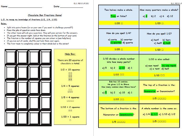 Fractions Chocolate Bar Game (Functional Skills/SEND/KS2 Maths)