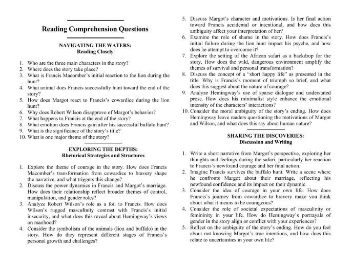 The Short Happy Life of Francis Macomber by Ernest Hemingway with Reading Comprehension Questions