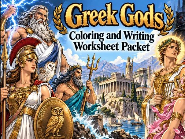 Greek Gods Coloring & Writing Worksheet Bundle (16 Total)