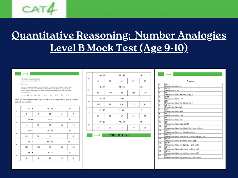CAT4 Level B Quantitative Reasoning: Number Analogies Mock Test | 18 Questions & Answers