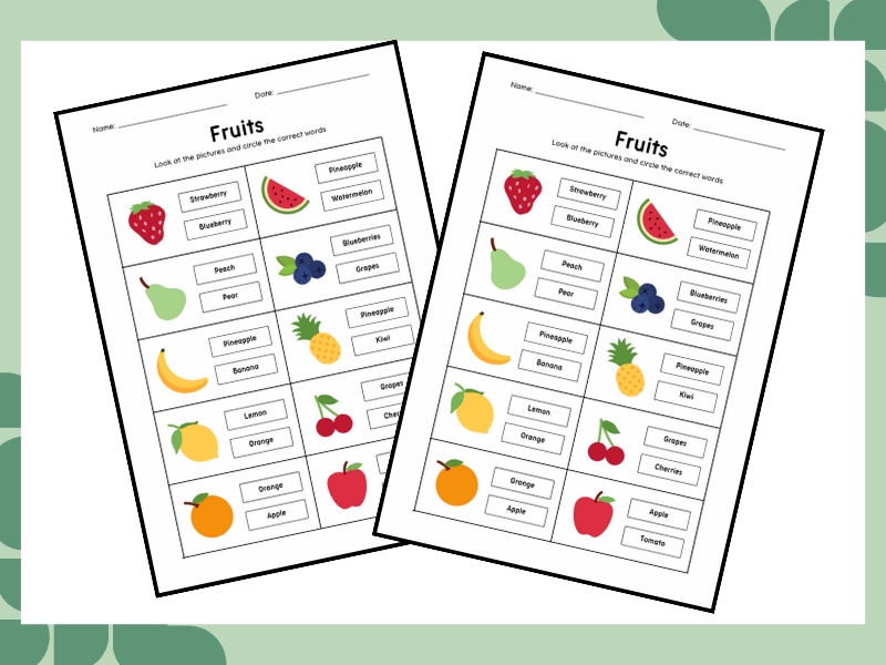 Fruit Vocabulary Fun: A Visual Worksheet for Early Learners and ESL Students