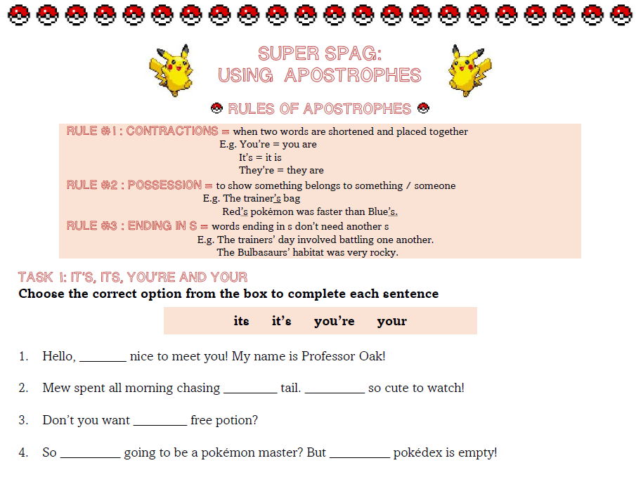 Super SPAG - Using Apostrophes - Pokémon Worksheet