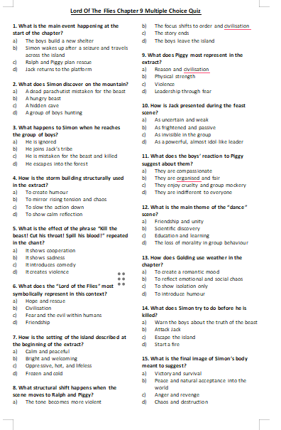 Lord Of The Flies Chapter 9 Multiple Choice Quiz | Teaching Resources