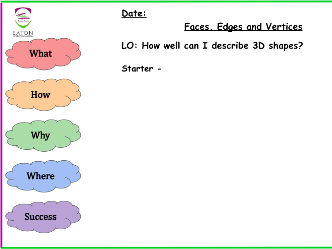 Primary - Properties of 3D Shapes - Faces, Edges and Vertices