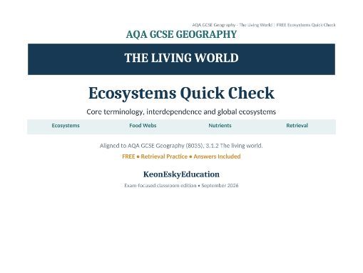 AQA GCSE Geography – The Living World: Ecosystems Quick Check | FREE