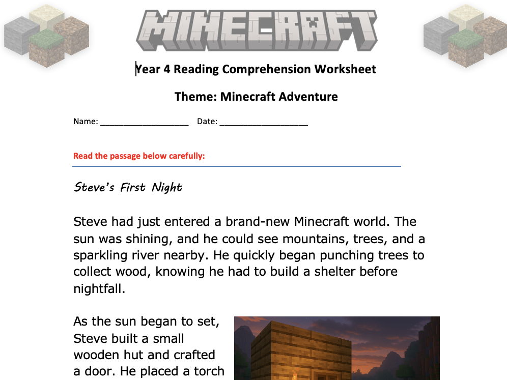 Minecraft + Pokemon - Bundle (Reading comprehension)
