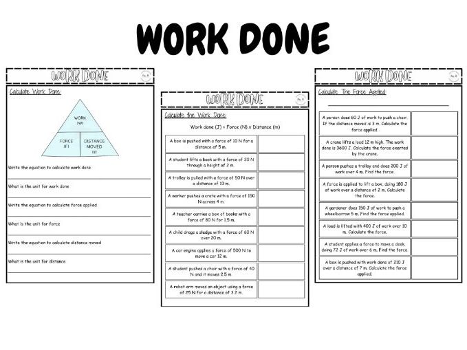Work Done Calculations KS3 Worksheet
