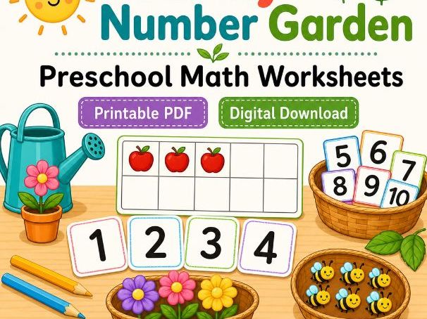 Sunny Number Garden | Preschool Math Worksheets | Printable PDF | Digital Download