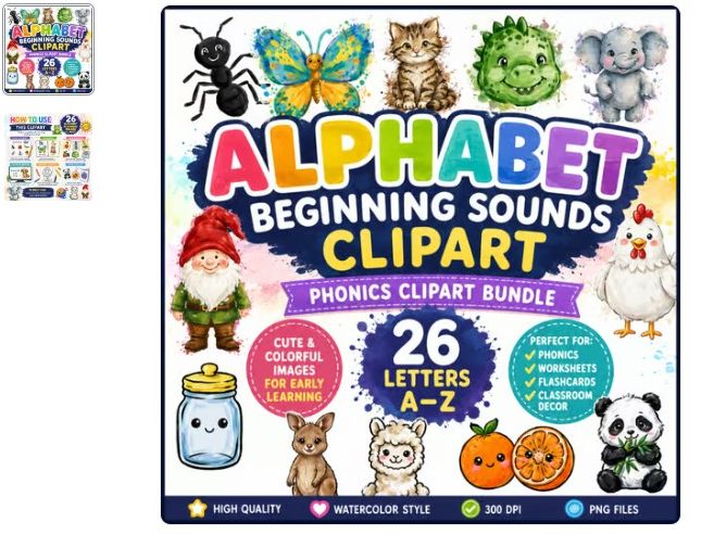 Alphabet Beginning Sounds PHONICS Bundle | 26 A–Z Watercolor Clipart PNG