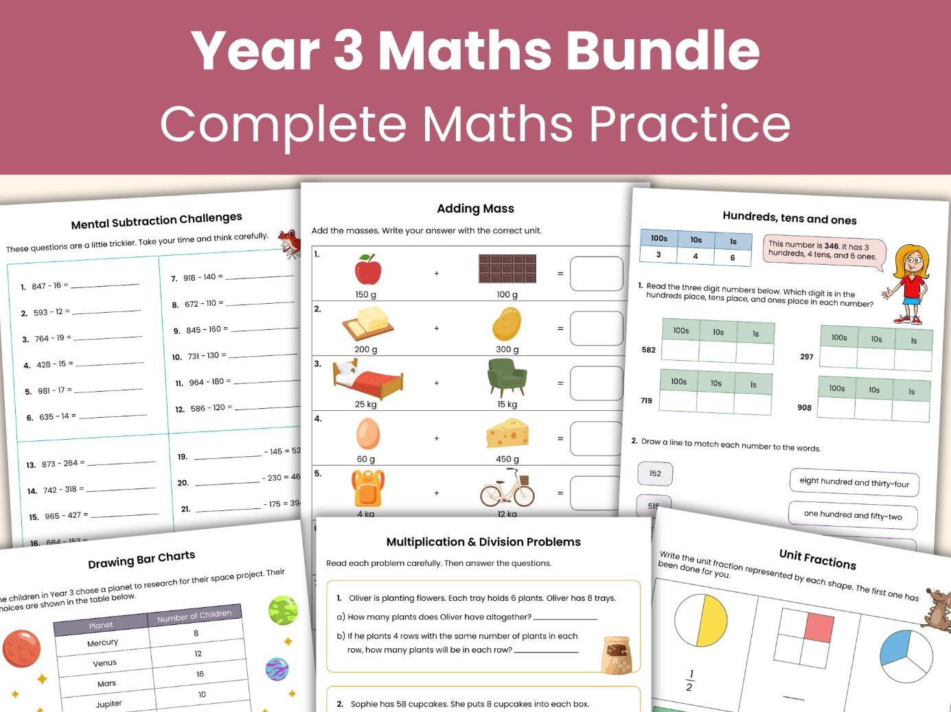 Year 3 Maths Workbook Bundle | 139 Pages | 7 Printable Workbooks