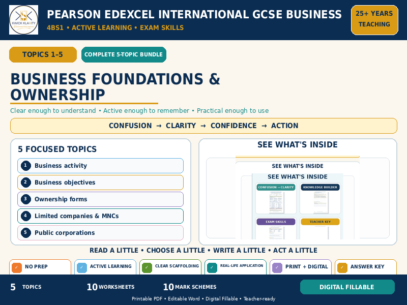 IGCSE Business Business Foundations & Ownership | 5-Topic Active Learning Bundle | Edexcel 4BS1