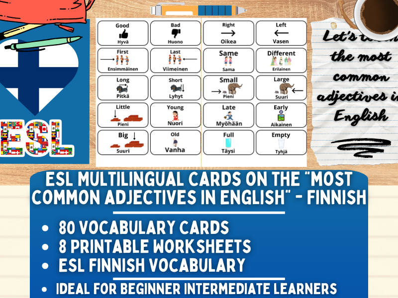 ESL Multilingual Vocabulary Flashcards - Most Common Adjectives - Finnish