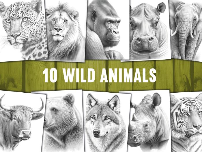 Wild Souls : 10 Realistic Animal Portraits - A Grayscale Coloring Bundle