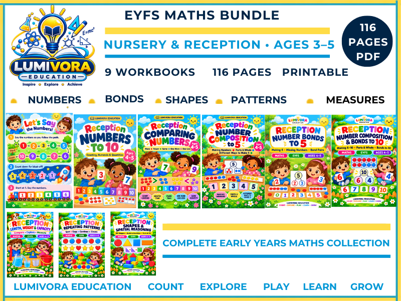 EYFS Maths Worksheets Bundle | Nursery & Reception Ages 3–5 | Numbers, Shapes, Patterns & Measures