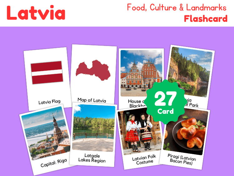 Latvia Geography Flashcards | 27 Printable Country Study Cards