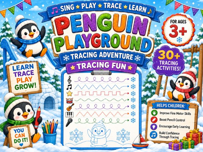 Penguin Playground Tracing Worksheets | Winter Fine Motor & Pre-Writing Activities | Preschool–1st