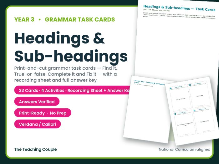 Year 3 Headings & Sub-headings Grammar Task Cards + Answer Key
