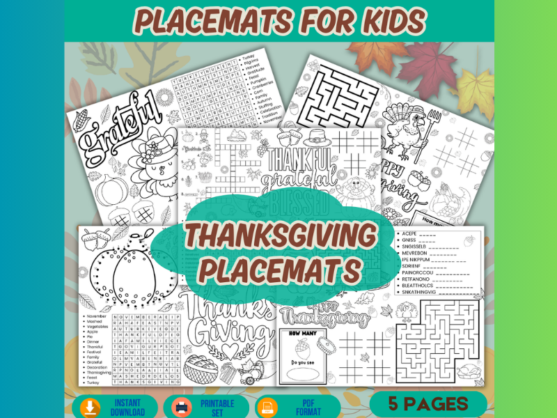 Pintable Thanksgiving Activity Placemats for Kids – 5 Fun Holiday Worksheets-Grades K-2nd
