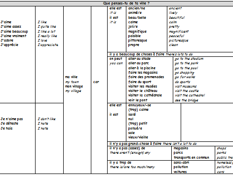 Sentence builder on opinions about town.