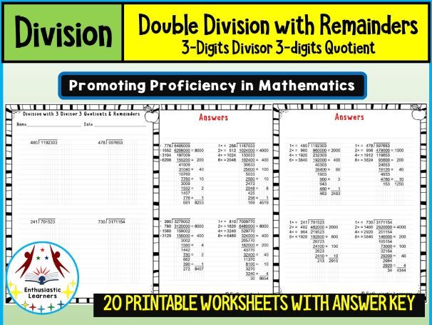 Double Division with Remainders – 3-Digit Divisor & 3-Digit Quotient Worksheets Math Problems