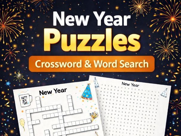 New Year crossword and wordsearch colour in