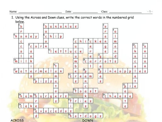 Food Items Crossword Puzzle Teaching Resources