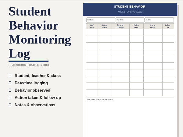 Student Behavior Monitoring Log | Classroom Management Template
