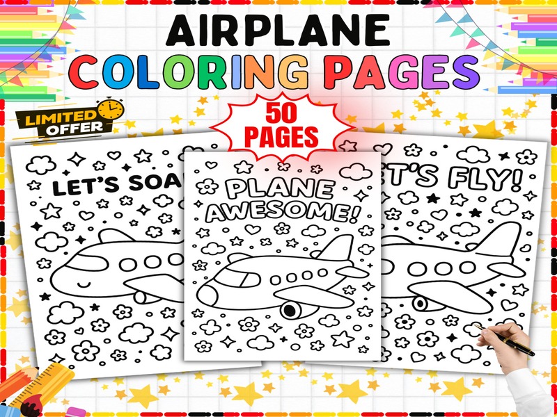 Airplane Coloring Pages | 50 Printable Sheets | Transportation Art Activity