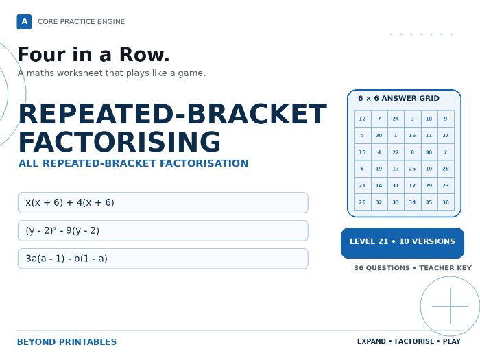 Repeated-Bracket Factorising Four in a Row | x(x + 6) + 4(x + 6) : Level 21 | 10 Maths Games