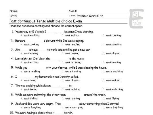 Past Continuous Tense Multiple Choice Exam Teaching Resources
