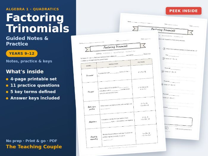 Factoring Trinomials Guided Notes & Practice + Answer Keys