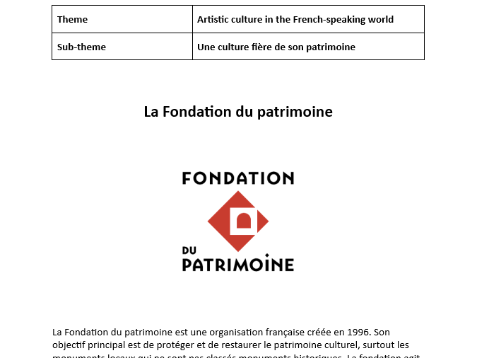 AQA French A Level stimulus card - La Fondation du patrimoine