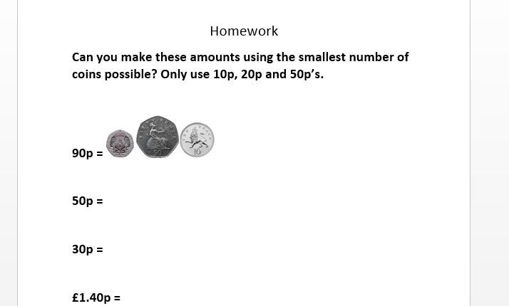 Money homework- Giving the correct change and creating the correct amount