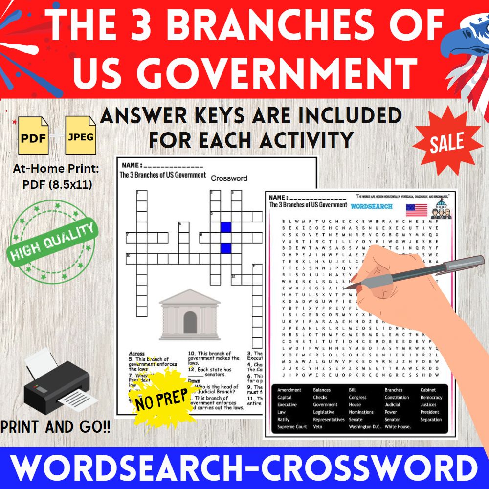 The 3 Branches Of US Government Worksheets Word Search Crossword