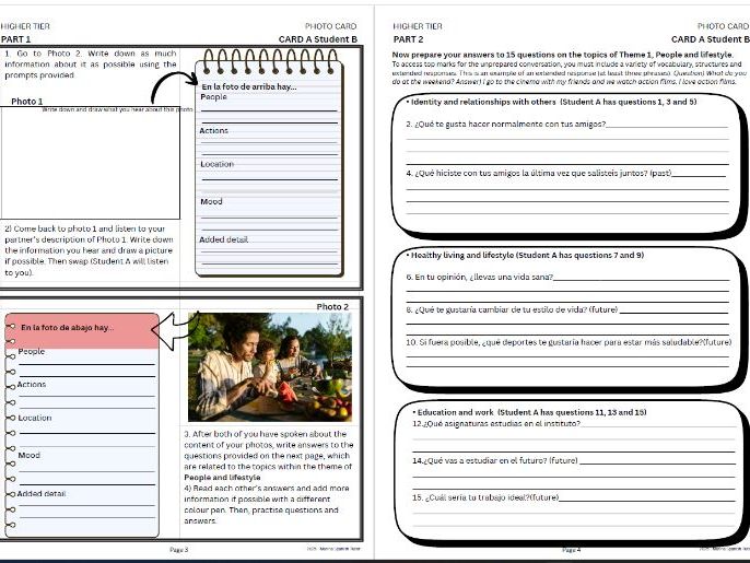 New GCSE Spanish Speaking - Photo cards and Worksheets HIGHER