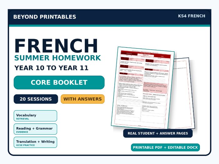 French Summer Homework Booklet Year 10 to Year 11 Core with Answers