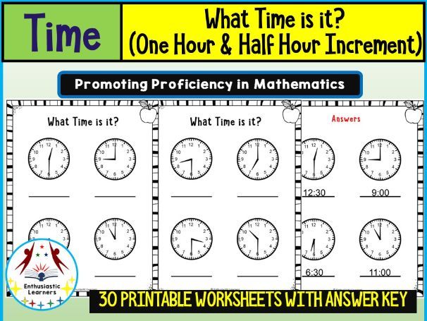 What Time Is It? Worksheets (Hour & Half-Hour Increments) Math