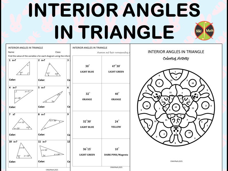 Geometry Grades 7-8: Interior Angles in Triangle - Color by Code (Easter Themed)
