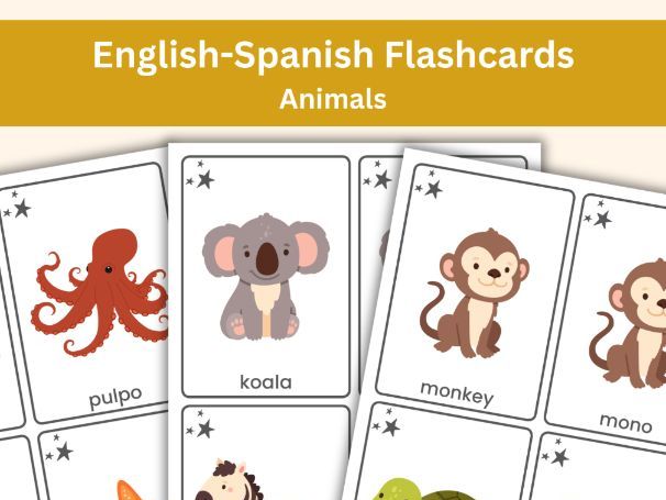 English - Spanish Flashcards – Animals Vocabulary | 100 Printable Cards for Early Learners