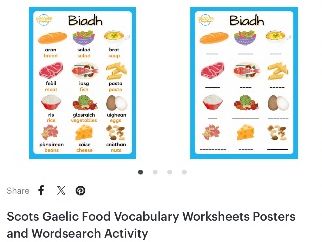Scottish Gaelic Food Vocabulary Worksheets Posters and Wordsearch Activity