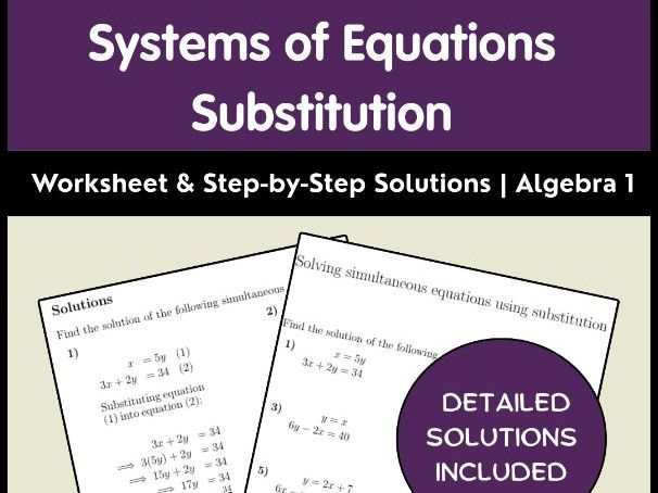 Systems of Equations Substitution Worksheet & Step-by-Step Solutions Algebra 1